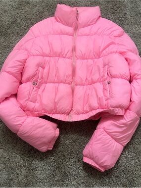 Girls' Cropped Pink Puffer Jacket - Cozy Lightweight Coat